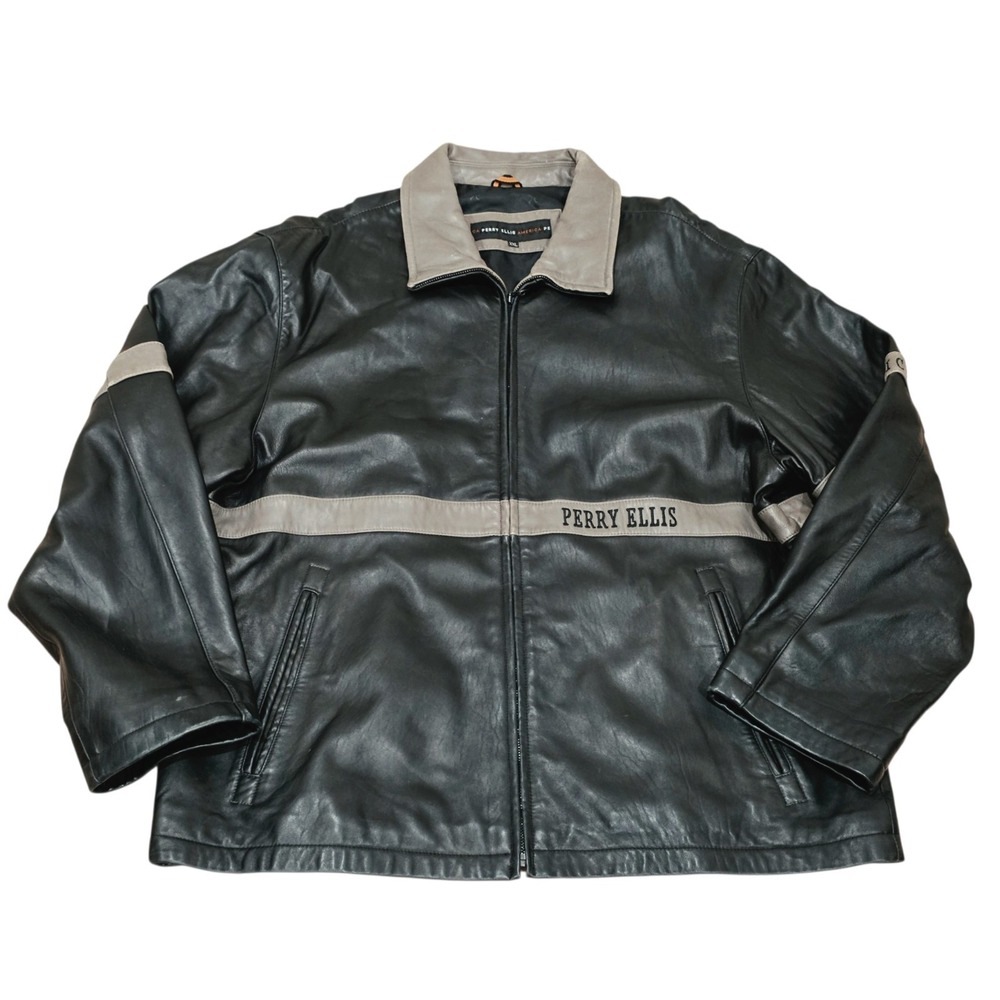 Vintage Perry Ellis America Leather Jacket XXL Black Gray Y2K Racing Bomber